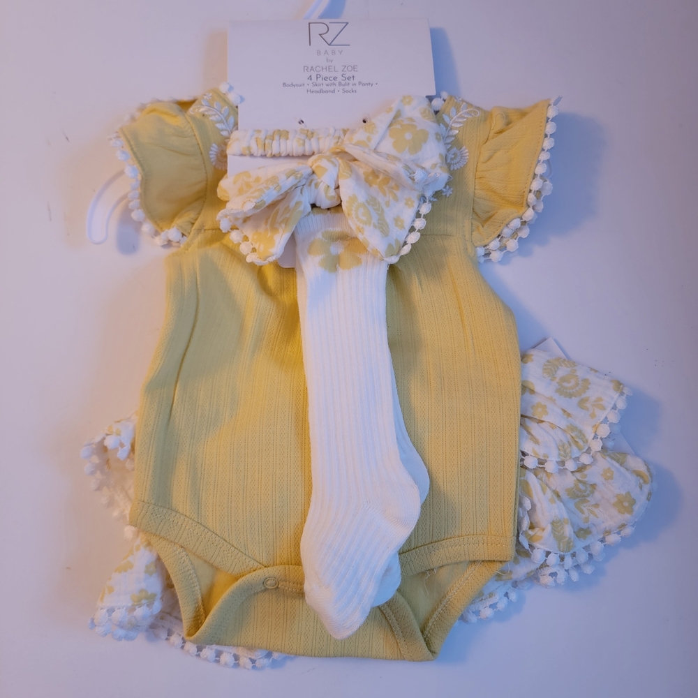 Rachel Zoe Yellow White Baby Set 0-3 Months Onsie Skirt Socks Headband